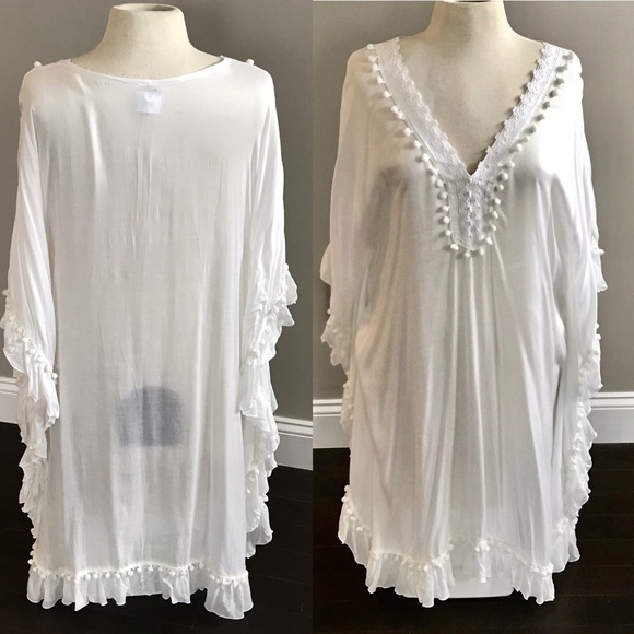 Other - NWT boutique white Pom Pom/ruffle cover up